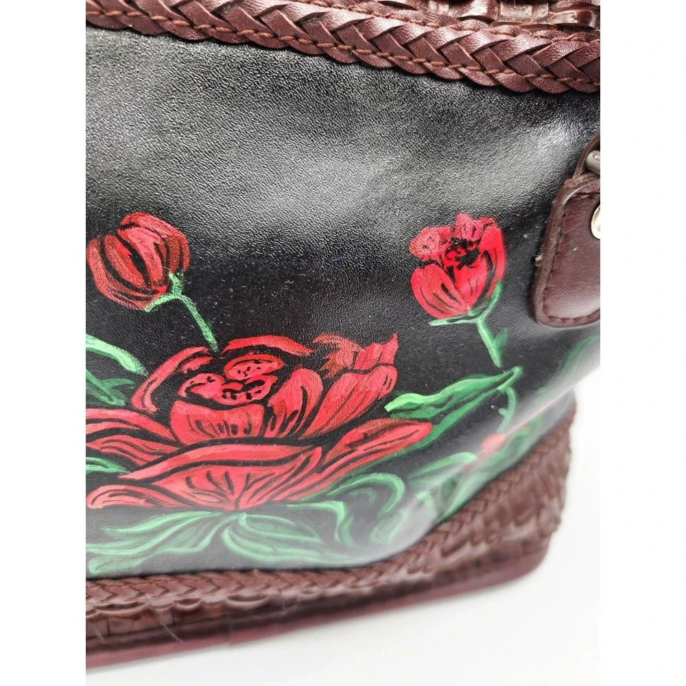 Vintage Black Brown Roses Handpainted Satchel Bag  Upcrafted Braided Woven Heart